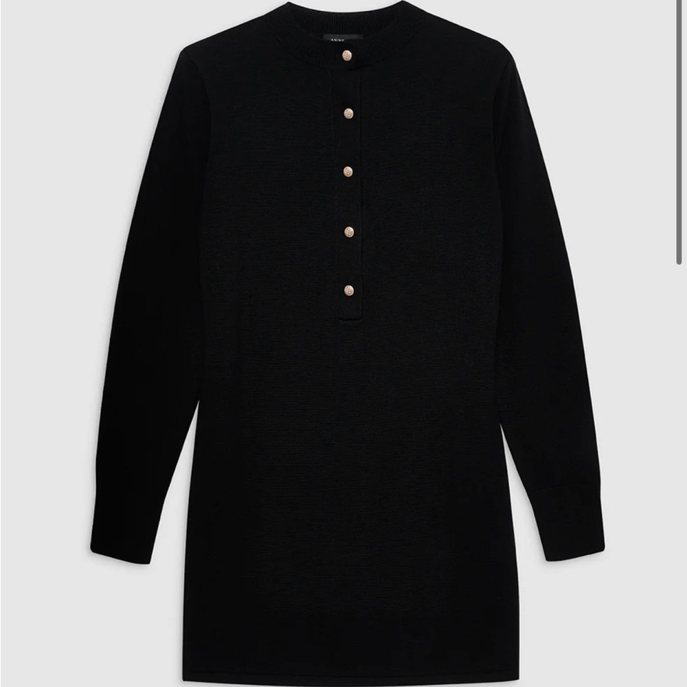 NWT Anine Bing Freja Dress S Wool Cashmere Black Gold Button Sweater Knit Henley - Picture 2 of 11